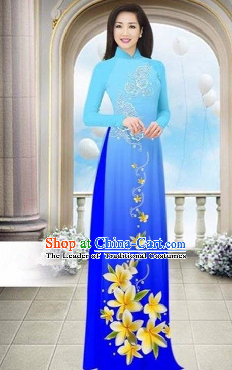 Top Grade Asian Vietnamese Traditional Dress, Vietnam Bride Ao Dai Dress Wedding Blue Printing Cheongsam Clothing for Women