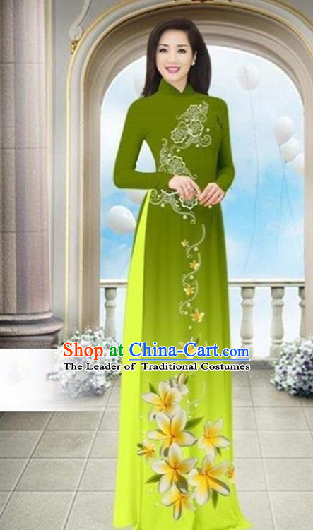 Top Grade Asian Vietnamese Traditional Dress, Vietnam Bride Ao Dai Dress Wedding Fluorescence Green Printing Cheongsam Clothing for Women