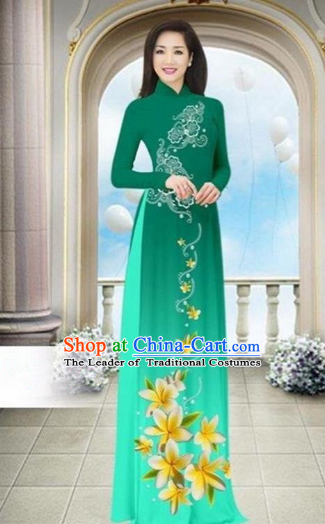 Top Grade Asian Vietnamese Traditional Dress, Vietnam Bride Ao Dai Dress Wedding Green Printing Cheongsam Clothing for Women