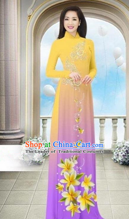 Top Grade Asian Vietnamese Traditional Dress, Vietnam Bride Ao Dai Dress Wedding Purple Printing Cheongsam Clothing for Women