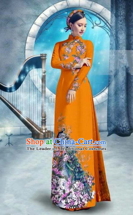 Top Grade Asian Vietnamese Traditional Dress, Vietnam Bride Ao Dai Dress, Princess Wedding Printing Peacock Orange Cheongsam Clothing for Women