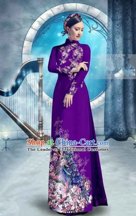 Top Grade Asian Vietnamese Traditional Dress, Vietnam Bride Ao Dai Dress, Princess Wedding Printing Peacock Purple Cheongsam Clothing for Women