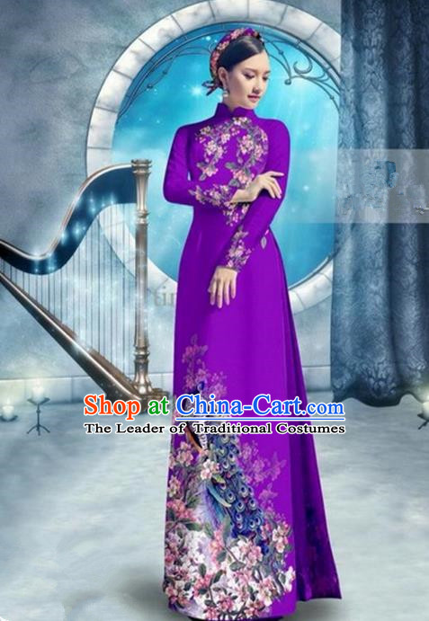 Top Grade Asian Vietnamese Traditional Dress, Vietnam Bride Ao Dai Dress, Princess Wedding Printing Peacock Light Purple Cheongsam Clothing for Women