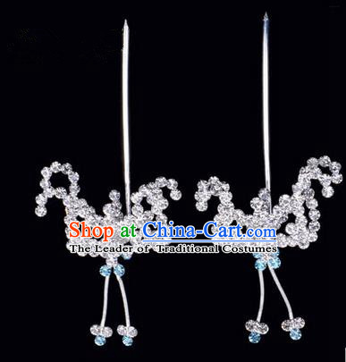 Chinese Ancient Peking Opera Hair Accessories Young Lady Headwear, Traditional Chinese Beijing Opera Head Ornaments Hua Tan Blue Crystal Bat Hairpins