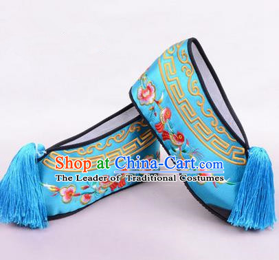 Chinese Ancient Peking Opera Young Lady Embroidered Wedding Shoes, Traditional China Beijing Opera Female Hua Tan Blue Embroidered Shoes