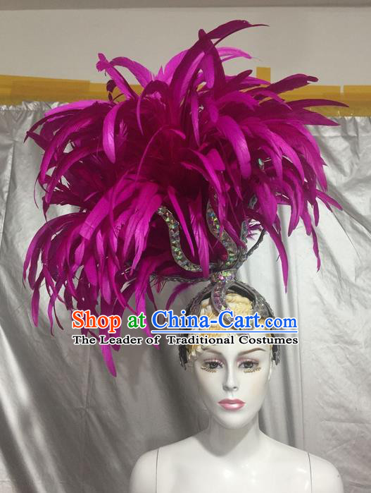 Top Grade Professional Stage Show Catwalks Brazil Feather Headpiece Hat, Brazilian Rio Carnival Samba Opening Dance Purple Feather Headwear for Women