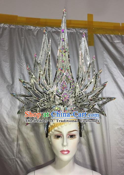 Top Grade Professional Stage Show Catwalks Brazil Crystal Headpiece Hat, Brazilian Rio Carnival Samba Opening Dance Ostrich Headwear for Women