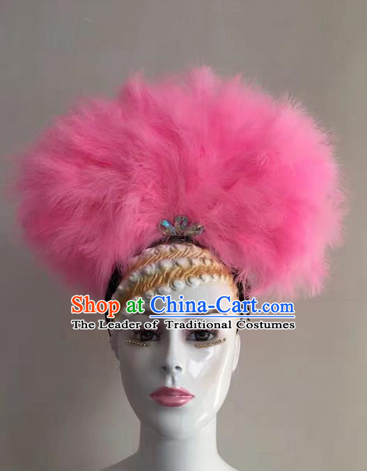 Top Grade Professional Stage Show Halloween Headpiece Hat, Brazilian Rio Carnival Samba Opening Dance Pink Feather Headwear for Women