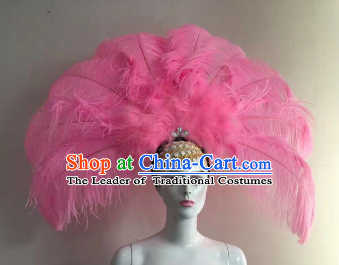 Top Grade Professional Stage Show Halloween Long Feather Headpiece Hat, Brazilian Rio Carnival Samba Opening Dance Pink Feather Headwear for Women