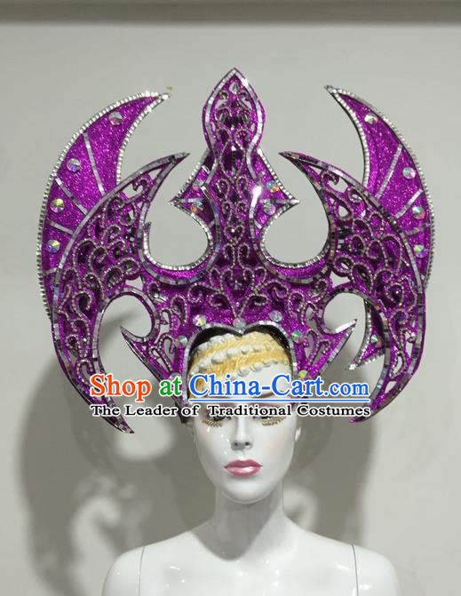 Top Grade Professional Stage Show Halloween Headpiece Crystal Exaggerate Hat, Brazilian Rio Carnival Samba Opening Dance Purple Headwear for Women