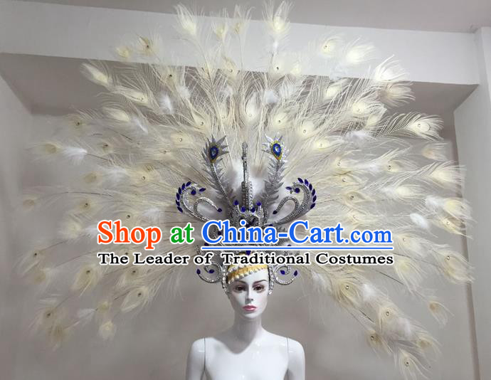 Top Grade Professional Stage Show Halloween Headpiece Feather Exaggerate Hat, Brazilian Rio Carnival Samba Opening Dance Peacock Spread Headwear for Women