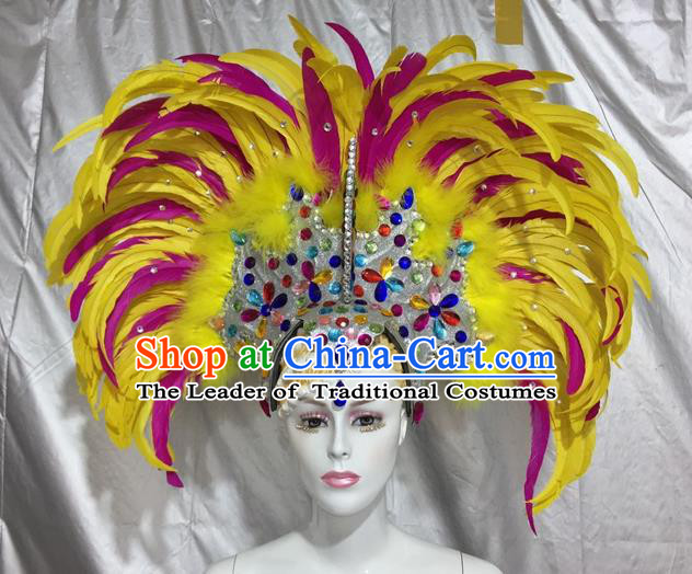 Top Grade Professional Stage Show Colorful Crystal Headpiece Hat, Brazilian Rio Carnival Samba Opening Dance Feather Headwear for Women