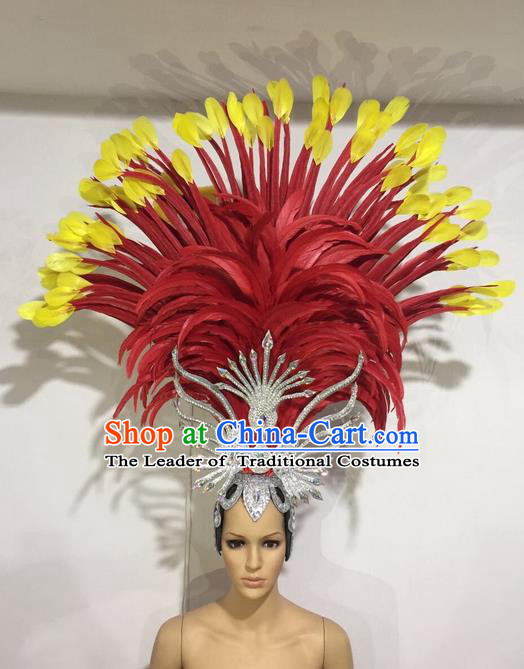 Top Grade Professional Stage Show Halloween Red Feather Headpiece Exaggerate Hat, Brazilian Rio Carnival Samba Opening Dance Hair Accessories Cleopatra Headwear for Women