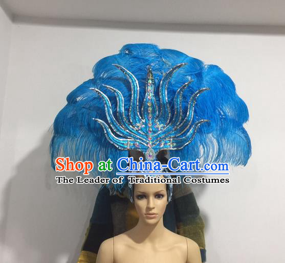 Top Grade Professional Stage Show Halloween Headpiece Blue Feather Hat, Brazilian Rio Carnival Samba Opening Dance Imperial Empress Hair Accessories Headwear for Women