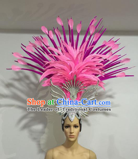 Top Grade Professional Stage Show Halloween Headpiece Pink Feather Hat, Brazilian Rio Carnival Samba Opening Dance Imperial Empress Hair Accessories Headwear for Women