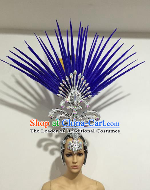 Top Grade Professional Stage Show Giant Headpiece Blue Feather Big Hair Accessories Decorations, Brazilian Rio Carnival Samba Opening Dance Hat Headwear for Women