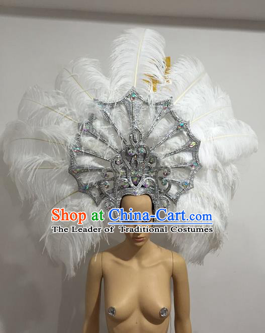 Top Grade Professional Stage Show Giant Headpiece White Feather Big Hair Accessories Crystal Decorations, Brazilian Rio Carnival Samba Opening Dance Headwear for Women