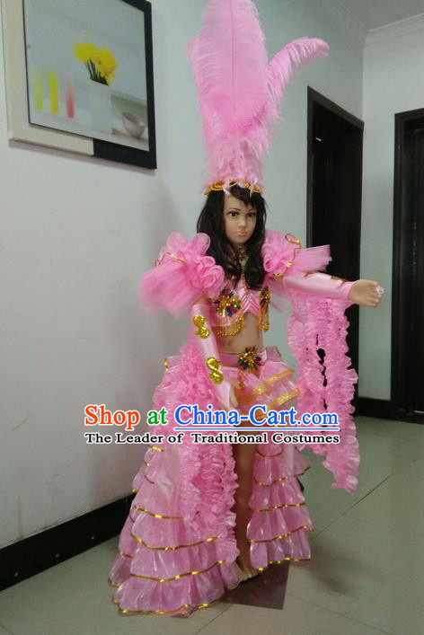 Top Grade Professional Performance Catwalks Swimsuit Costume and Headpiece, Traditional Brazilian Rio Carnival Samba Suits Modern Fancywork Pink Feather Bikini Clothing for Kids