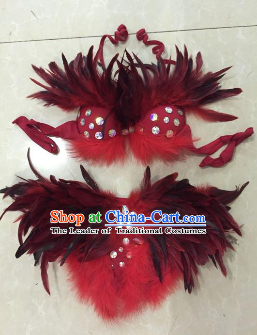 Top Grade Professional Performance Catwalks Bikini Swimsuit, Traditional Brazilian Rio Carnival Samba Modern Fancywork Red Feather Clothing for Women
