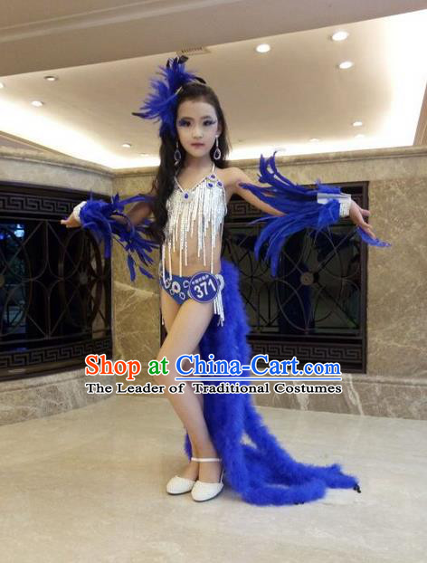 Top Grade Professional Performance Catwalks Costume and Headpiece, Traditional Brazilian Rio Carnival Samba Modern Fancywork Blue Feather Clothing for Men