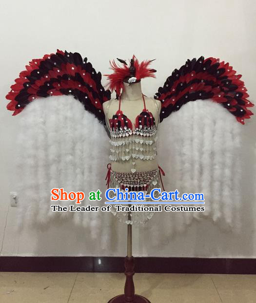 Top Grade Professional Performance Catwalks Bikini Costume and Wings, Traditional Brazilian Rio Carnival Samba Modern Fancywork Red Feather Swimsuit for Kids