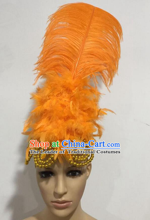 Top Grade Professional Stage Show Giant Headpiece Parade Hair Accessories, Brazilian Rio Carnival Samba Opening Dance Imperial Empress Orange Feather Headwear for Women