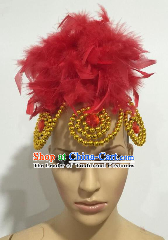 Top Grade Professional Stage Show Giant Headpiece Parade Hair Accessories, Brazilian Rio Carnival Samba Opening Dance Imperial Empress Red Feather Headwear for Women