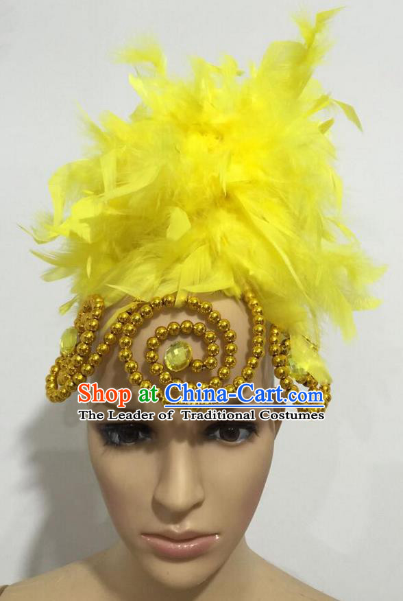 Top Grade Professional Stage Show Giant Headpiece Parade Hair Accessories, Brazilian Rio Carnival Samba Opening Dance Imperial Empress Yellow Feather Headwear for Women