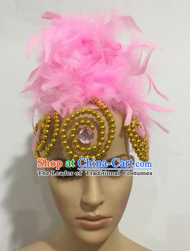 Top Grade Professional Stage Show Giant Headpiece Parade Hair Accessories, Brazilian Rio Carnival Samba Opening Dance Imperial Empress Pink Feather Headwear for Women