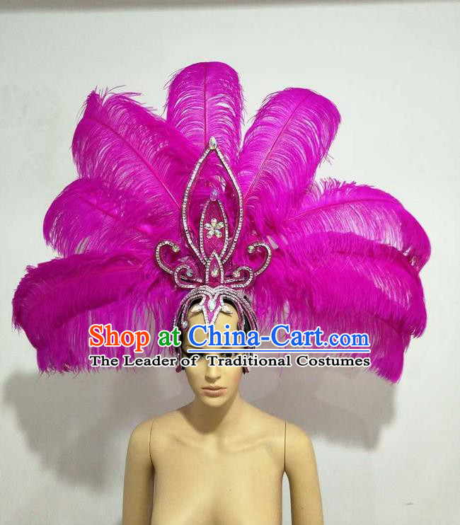 Top Grade Professional Stage Show Giant Headpiece Parade Big Hair Accessories Decorations, Brazilian Rio Carnival Samba Opening Dance Rosy Feather Headdresses for Women