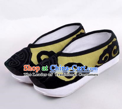 Chinese Ancient Peking Opera Huangmei Opera Old Men High Sole Shoes, Traditional China Beijing Opera Male Milord Green Embroidered Shoes