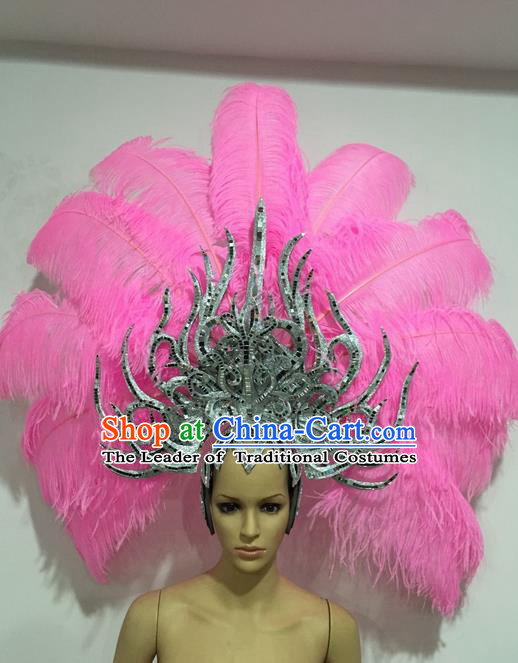 Top Grade Professional Stage Show Giant Headpiece Parade Giant Pink Feather Hair Accessories Decorations, Brazilian Rio Carnival Samba Opening Dance Headwear for Women