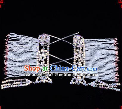 Chinese Ancient Peking Opera Hair Accessories Young Lady Diva Colorful Crystal Hairpins White Temples Curtain, Traditional Chinese Beijing Opera Hua Tan Head Ornaments