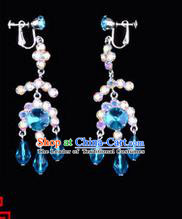 Chinese Ancient Peking Opera Head Accessories Young Lady Diva Colorful Crystal Blue Earring, Traditional Chinese Beijing Opera Hua Tan Eardrop