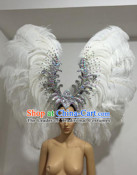 Top Grade Professional Stage Show Giant Headpiece White Feather Big Hair Accessories Decorations, Brazilian Rio Carnival Samba Opening Dance Headwear for Women