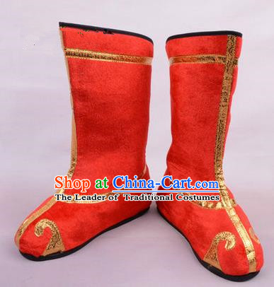 Chinese Ancient Peking Opera Martial Lady Swordplay Embroidered Boots, Traditional China Beijing Opera Dragon Dance Red Embroidered Shoes