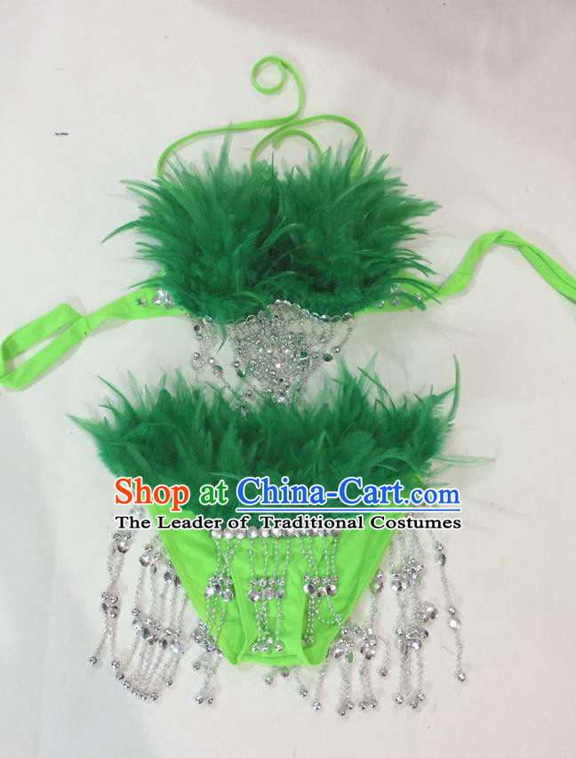 Top Grade Professional Performance Catwalks Swimsuit Costumes, Traditional Brazilian Rio Carnival Samba Suits Modern Fancywork Deep Green Feather Bikini for Women