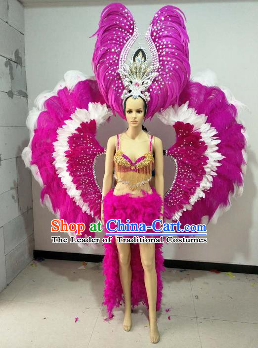 Top Grade Professional Performance Catwalks Swimsuit Costumes with Wings Headpiece, Traditional Brazilian Rio Carnival Samba Suits Modern Fancywork Rosy Feather Bikini for Women