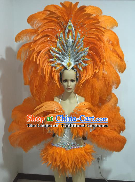 Top Grade Professional Performance Catwalks Swimsuit Costumes with Wings, Traditional Brazilian Rio Carnival Samba Suits Modern Fancywork Orange Feather Bikini Clothing for Women