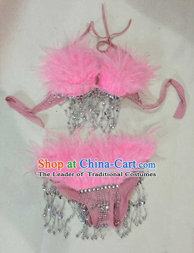 Top Grade Professional Performance Catwalks Swimsuit Costumes, Traditional Brazilian Rio Carnival Samba Suits Modern Fancywork Pink Feather Bikini for Women