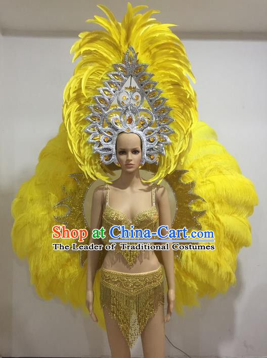 Top Grade Professional Performance Catwalks Yellow Feather Wings and Headpiece, Traditional Brazilian Rio Carnival Samba Opening Dance Props Modern Fancywork Backboard for Women