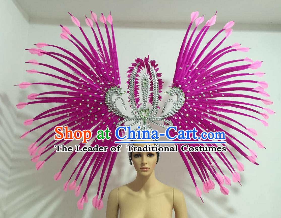 Top Grade Professional Stage Show Giant Headpiece Parade Hair Accessories Decorations, Brazilian Rio Carnival Samba Opening Dance Rosy Feather Headdress for Women