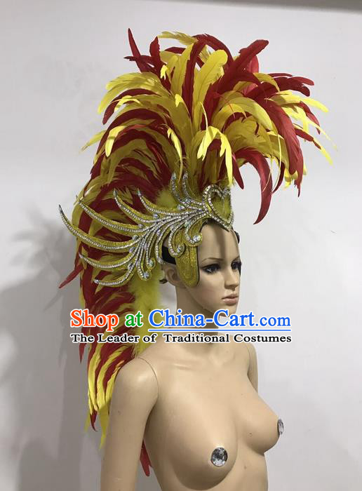 Top Grade Professional Stage Show Giant Headpiece Parade Hair Accessories Decorations, Brazilian Rio Carnival Samba Opening Dance Red Feather Hats for Women