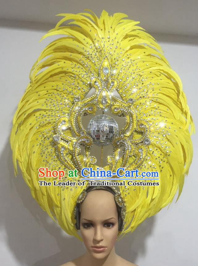 Top Grade Professional Stage Show Halloween Big Hair Accessories Decorations, Brazilian Rio Carnival Samba Opening Dance Yellow Feather Headpiece for Women