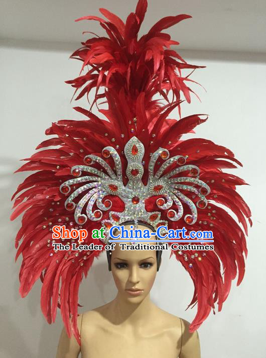 Top Grade Professional Stage Show Giant Headpiece Parade Hair Accessories Deluxe Decorations, Brazilian Rio Carnival Samba Opening Dance Red Feather Headwear for Women