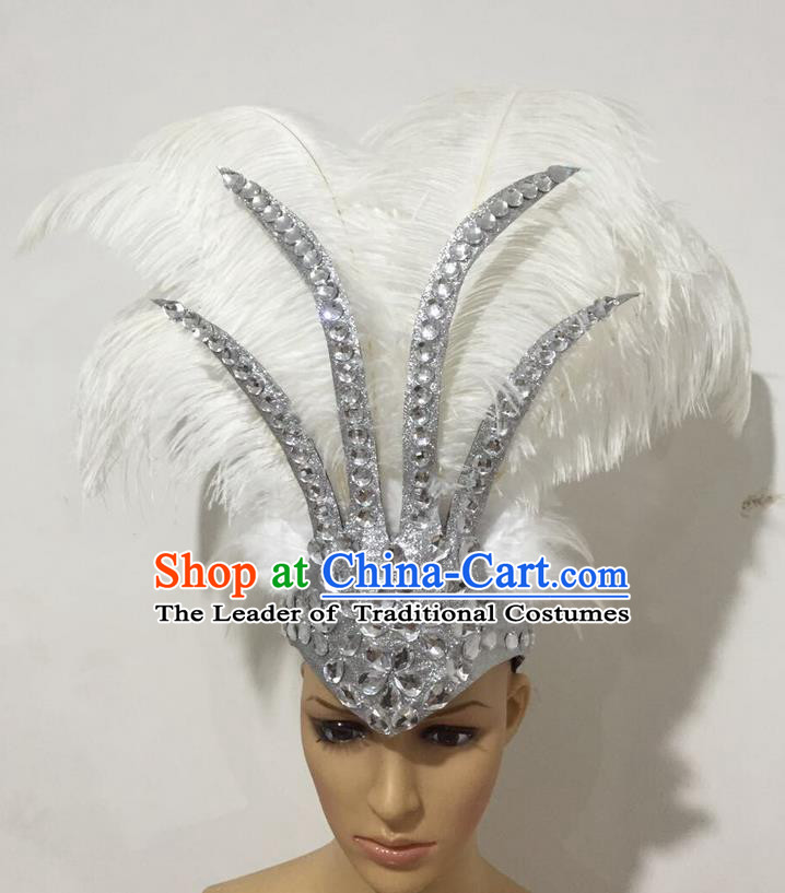 Top Grade Professional Stage Show Halloween Hair Accessories Decorations, Brazilian Rio Carnival Parade Samba Opening Dance White Feather Headpiece for Women