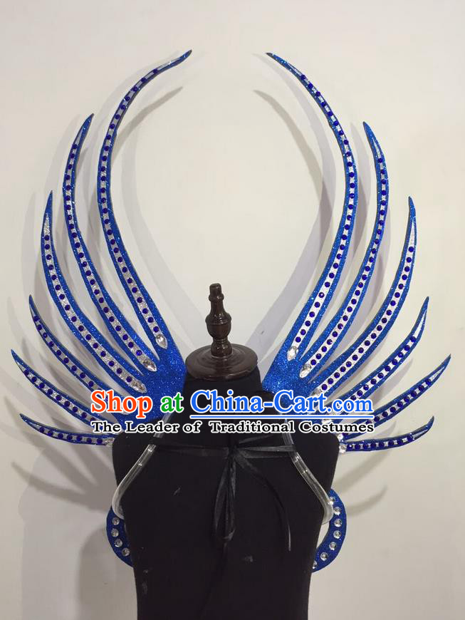 Top Grade Professional Stage Show Halloween Props Blue Wings, Brazilian Rio Carnival Parade Samba Dance Modern Fancywork Backplane for Kids