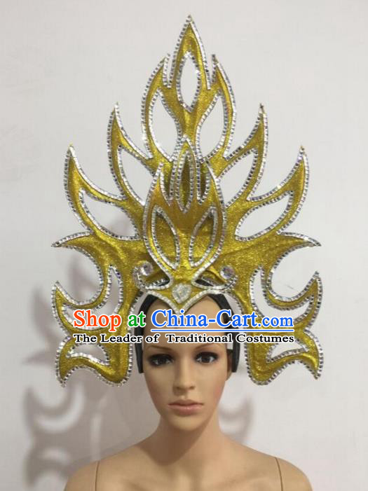 Top Grade Professional Stage Show Giant Headpiece Parade Hair Accessories Decorations, Brazilian Rio Carnival Samba Opening Dance Golden Headwear for Women