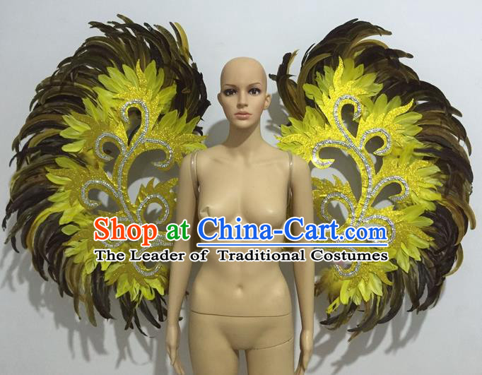 Top Grade Professional Stage Show Halloween Props Decorations Wings, Brazilian Rio Carnival Parade Samba Dance Catwalks Yellow Feather Backplane for Women