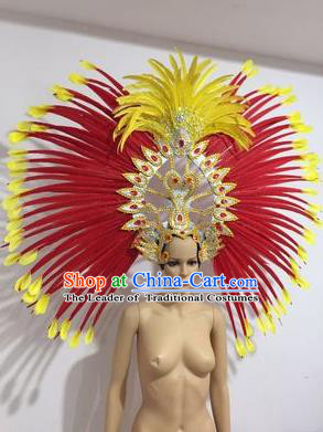 Top Grade Professional Stage Show Halloween Parade Big Hair Accessories, Brazilian Rio Carnival Parade Samba Dance Catwalks Feather Headpiece for Women